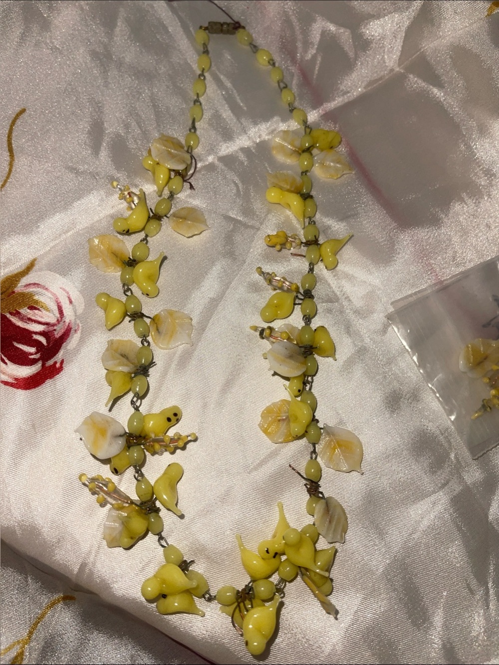 Vintage Blown Glass Bird Leaves, Flower Floral Bead Necklace - Women Jewelry